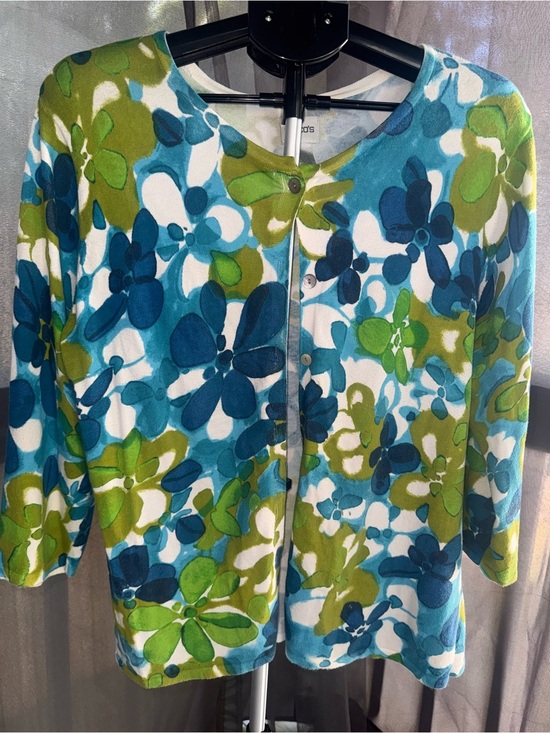 Sweaters - Chico's Blue & Green Floral Cardigan Sweater Size 2 (Medium/Large 12-14) 3/4